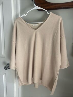 Anthropologie Relaxed V-Neck Short Sleeve Sweater in Light Beige